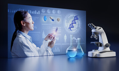 Science research LCD screen panel with microscope and chemical glassware. DNA engineering and pharmaceutical research.