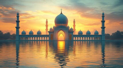 Naklejka premium Majestic Mosque at Sunset: A Serene Reflection