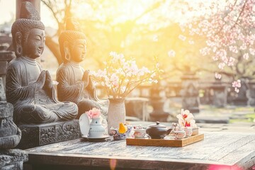 Tea Ceremony in a Temple: A serene temple courtyard with a tea table set against the backdrop of ancient stone statues and blooming cherry blossoms.