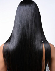 Una melena de pelo negro liso y bien peinado de mujer sobre fondo blanco