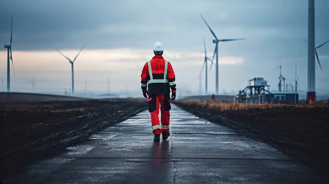 A worker in high-visibility gear and a helmet walks along a pathway in a wind farm under a cloudy sky, symbolizing renewable energy, industrial progress, and sustainability.