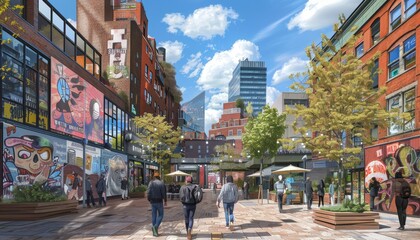 A bustling city street with people walking past colorful buildings and shops.