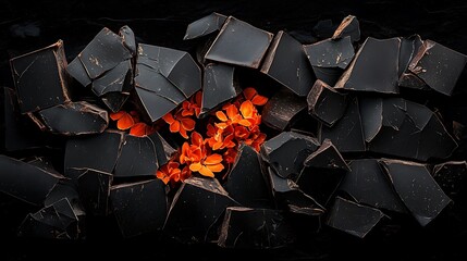 Dark chocolate pieces, orange flowers, food photography, delicious dessert, culinary background