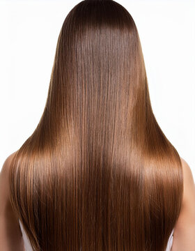 Melena de pelo de mujer casta&ntilde;o suelto, liso y bien peinado sobre fondo blanco