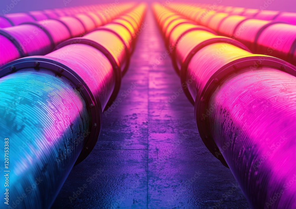 Poster a vibrant perspective of colorful pipes extending into the distance, illuminated by an array of neon