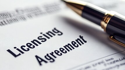 Obraz premium A close-up of a document labeled Licensing Agreement on a desk with a pen