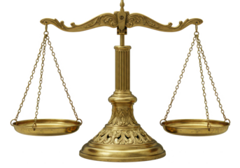 A vintage-style golden balance scale with intricate detailing, isolated on a white background