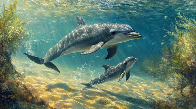 mother dolphin gently nudges her calf forward, guiding it through shallow waters.