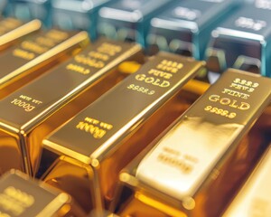 The image features multiple gold bars, showcasing their shiny surfaces and stamped details, representing wealth and investment.