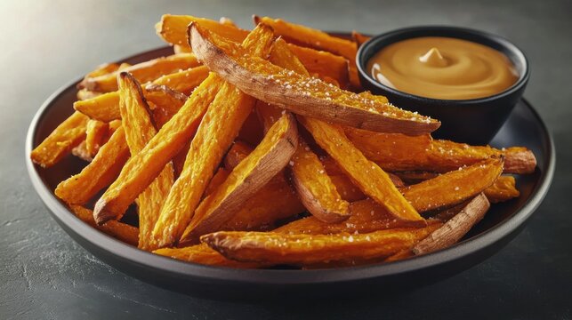 A plate of baked sweet potato fries, featuring crispy, golden-brown fries with a side of dipping sauce