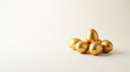Pile of shiny golden eggs on white background. Minimalist luxury Easter or wealth concept with copy space