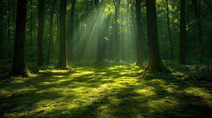 Obraz premium Sunlight filtering through trees in a lush green forest.