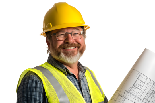Smiling Construction Worker in Hard Hat and Safety Vest, Holding Blueprints, Isolated on Transparent Background