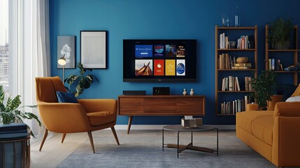 Obraz premium A concept image of subscription streaming services displayed on a TV screen in a living room