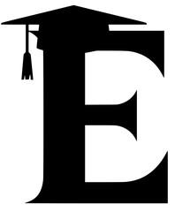 Letter E with graduation cap icon, Black and white graphic of the letter E wearing a graduation cap, symbolizing education, academic achievement, learning, and scholarly success.  
  
