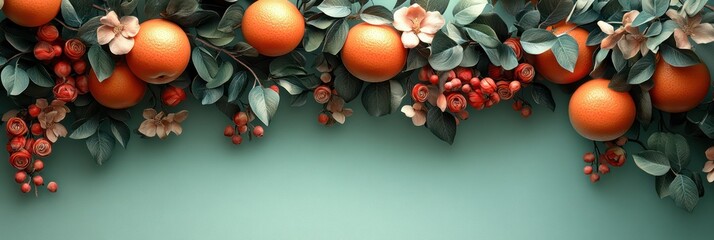 Vibrant Citrus and Floral Composition: A Stunning Arrangement of Oranges and Flowers