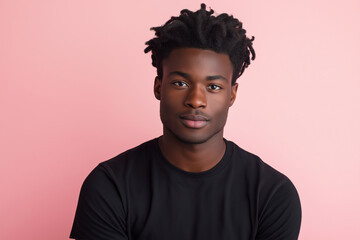 Obraz premium African man smiling in black shirt, studio setting on light pink background