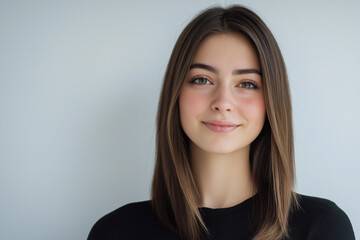 Fototapeta premium Young woman with sleek straight hair and soft smile on white background