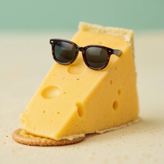 Quirky Cheese Slice with Cool Sunglasses in Minimalist Teal Setting