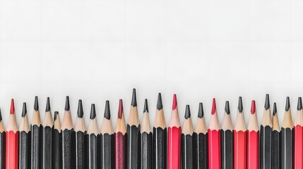 Naklejka premium Red Pencil Standing Out Among Identical Black Pencils on White Desk