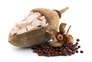 Dried baobab fruit ,seed and flower isolated on white background.