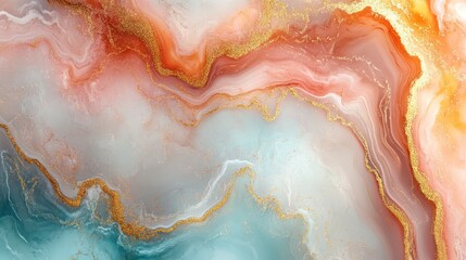Obraz premium Abstract Fluid Art: Teal, Coral, and Gold Swirls