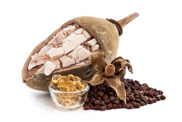 Dried baobab fruit ,seeds and oil isolated on white background.