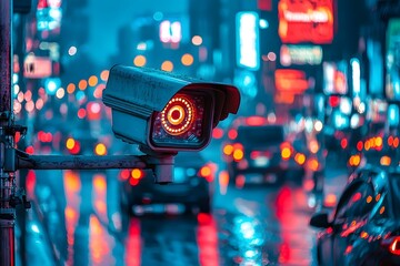 Security monitoring urban street at night with lights and traffic