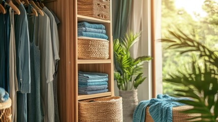 A wardrobe door slightly ajar, revealing a tidy interior with folded clothes and storage baskets.