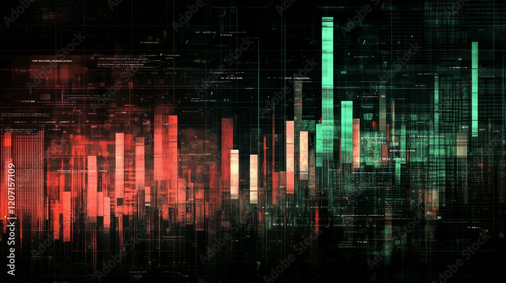 Poster a candlestick chart with green and red bars on a dark digital grid, showcasing financial market tren