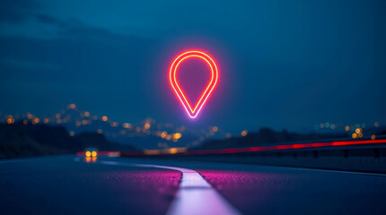 A glowing locator symbol created from dynamic lines of orange and blue light. It is located on a road at night, with city lights flickering in the background.