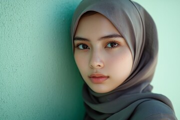 Fototapeta premium A portrait of a young malay woman wearing hijab with beautiful eyes, standing in front of a soft pastel green wall. 