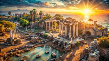 Obraz premium 4K drone footage reveals Antalya's ancient Side: a breathtaking double exposure merging past and present.