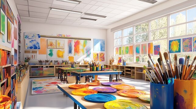 A vibrant art classroom with colorful paints, brushes, and creative student projects