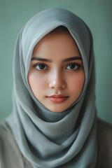Naklejka premium A portrait of a young malay woman wearing hijab with beautiful eyes, standing in front of a soft pastel green wall. 