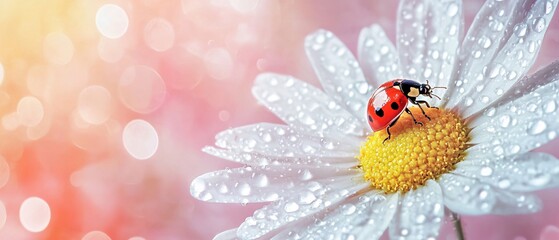 Ladybug on Dewy Daisy Spring Nature Macro Photography
