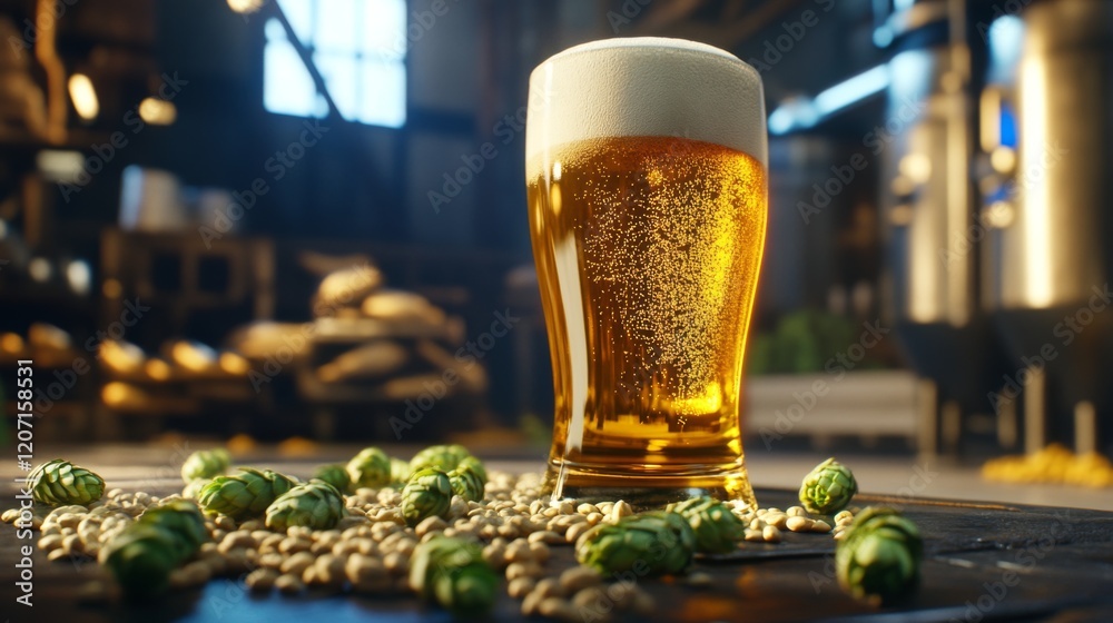 Poster a captivating image of a beer glass filled with a refreshing ipa, with hops and barley scattered aro
