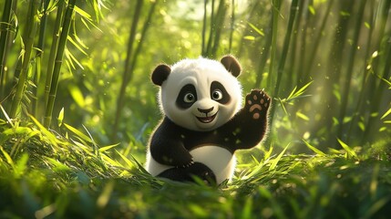 panda cub playfully chasing its shadow in a bamboo grove, its small paws excitedly moving as it explores its surroundings