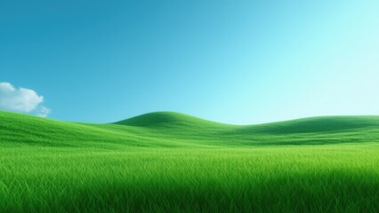 Naklejka premium Endless green hills stretch across the horizon, bathed in sunlight under a vibrant blue sky. A serene and minimalist scene of nature's tranquility and beauty