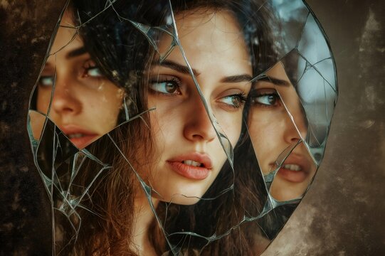 Young woman is seen through the shards of a broken mirror, her reflection fractured, symbolizing a fragmented sense of self