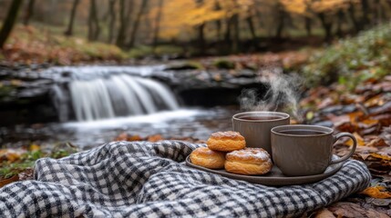 Autumnal forest stream picnic with tea & pastries