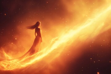 Naklejka premium Woman in long dress walking on a comet in space, generating a trail of fire and energy, fantasy concept