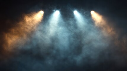 Fototapeta premium A dramatic scene featuring beams of light cutting through hazy smoke, creating an atmospheric and moody effect.