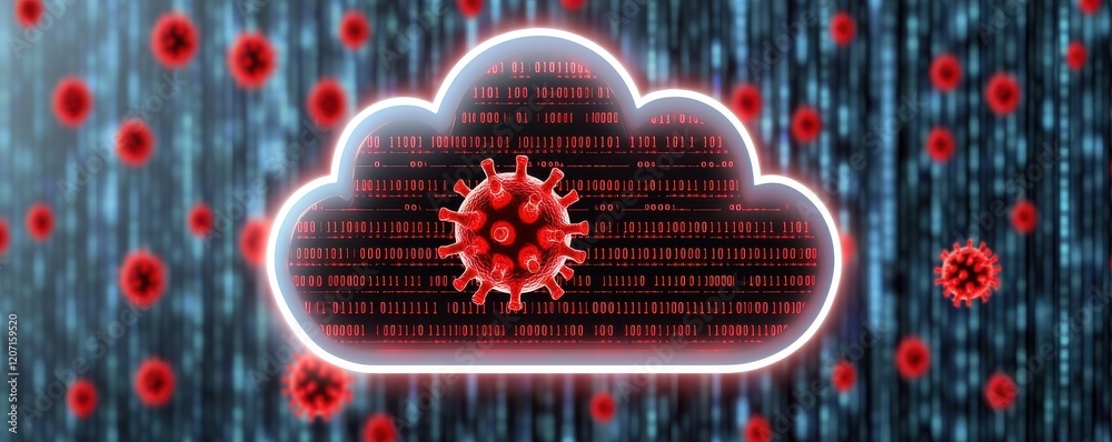 Poster clound security threats concept. a digital cloud with a virus symbol surrounded by binary code, repr