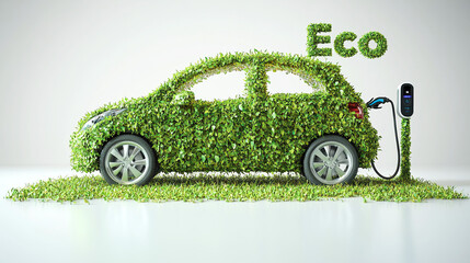 Green car made of grass and leaves is charging. - Representing electronic energy or sustainable power.