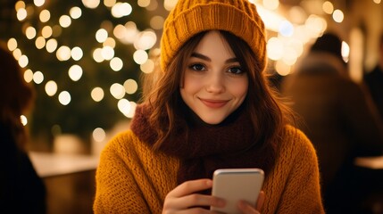 A young woman in a cozy sweater and hat smiles while using her smartphone in a festive setting.