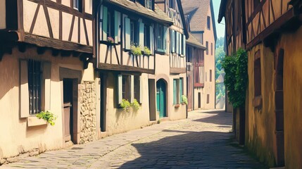Obraz premium Charming Old European Street Cobblestone Alleyway Houses Sunny Day