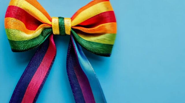 Rainbow bow is on a blue background. The bow is made of colorful ribbons. The ribbons are arranged in a rainbow pattern