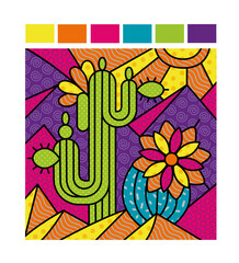 Illustration of cacti in the mountains in a bright cartoon style.
