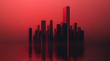 Red-lit city skyline reflected in water, dystopian mood, futuristic setting, ideal for sci-fi film